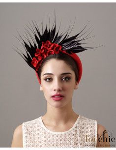 Tocado diadema de boda invitada perfecta roja y negra con plumas - Tocados para bodas de noche - 2 2