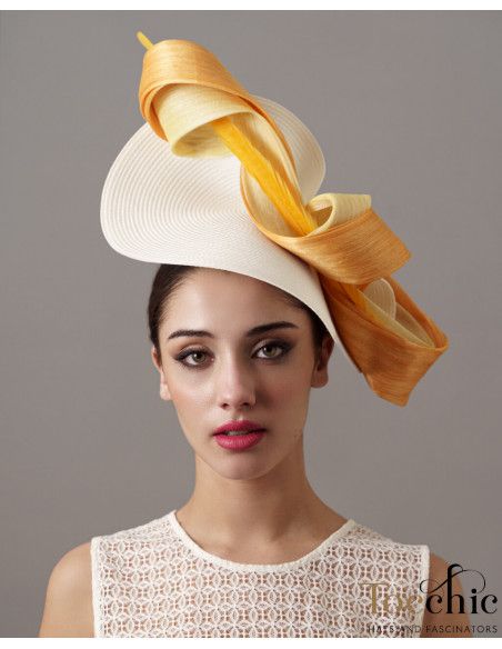 Original Sombrero de boda madrina perfecta naranja y amarillo - Pamelas y Tocados para madrinas - 2