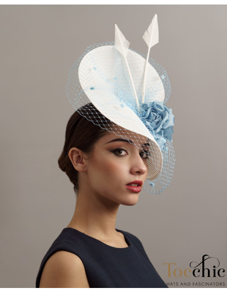Tocado de boda azul claro y blanco con velo de boda - Pamelas y Tocados para madrinas - 2 Tocado de boda azul claro y blanco con velo de boda - Pamelas y Tocados para madrinas - 2