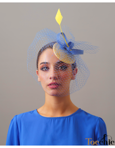 Royal blue and yellow fascinator with veil - Wedding hats for women - 1 2
