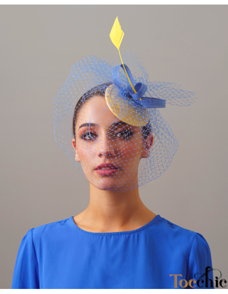 Royal blue and yellow fascinator with veil - Wedding hats for women - 2