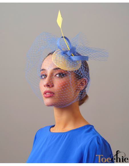 Tocado azul añil y amarillo con velo - Pamelas y Tocados para madrinas - 1