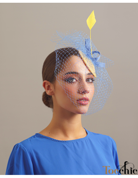 Royal blue and yellow fascinator with veil - Wedding hats for women - 3