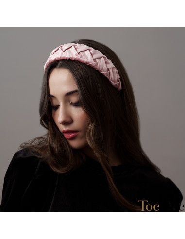Diadema de terciopelo rosa palo con trenza - Tocados para bodas de noche - 3