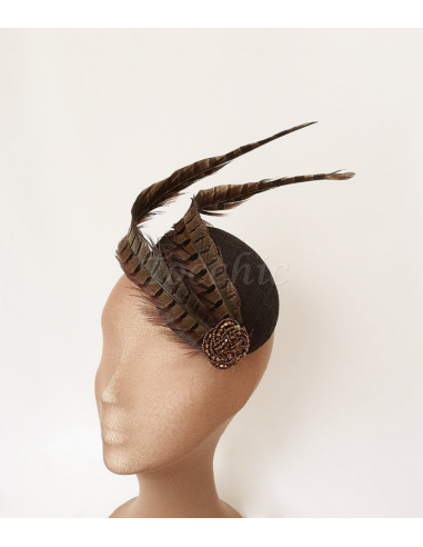 Elegante Tocado de boda pequeño marrón con plumas para madrina - Tocados para bodas de noche - 6