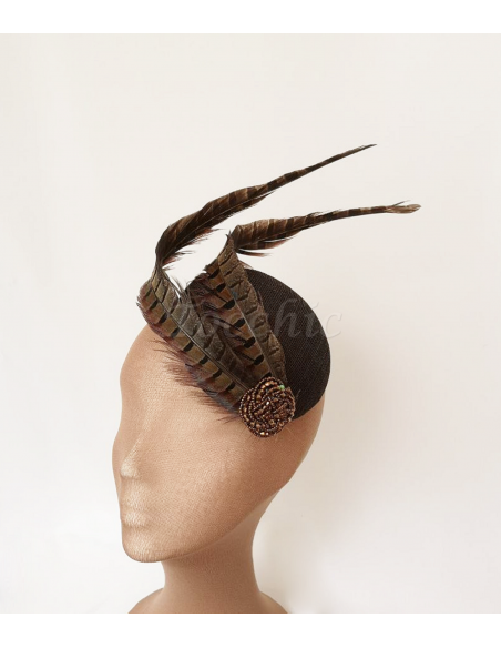 Elegante Tocado de boda pequeño marrón con plumas para madrina - Tocados para bodas de noche - 6