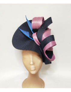 Elegant customized navy blue and pink fascinator hat - Woman hats for the Horse races - 1