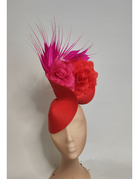 Customized two feathers fascinator in red and pink - Shop - 1