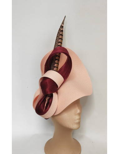 Elegant customized salmon and burgundy fascinator hat - Woman hats for the Horse races - 1