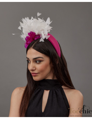 Diadema de boda invitada perfecta rosa y blanca con plumas y flores - Tocados para bodas de noche - 2