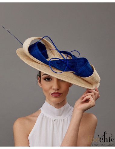 Pamela madrina boda beige con lazo azul añil - Pamelas y Tocados para madrinas - 1