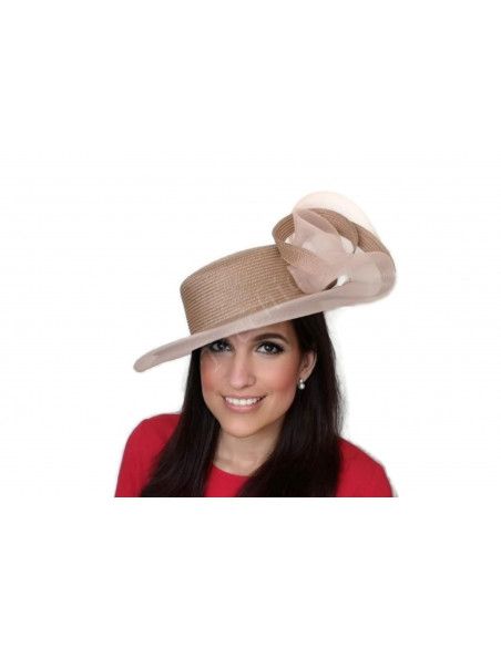 Canotier para boda beige con velo - Pamelas y Tocados para madrinas - 1