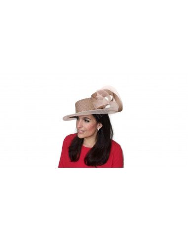Wide brim canotier hat beige with veil - Wedding hats for women - 2