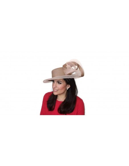 Wide brim canotier hat beige with veil - Wedding hats for women - 2 Wide brim canotier hat beige with veil - Wedding hats for women - 2