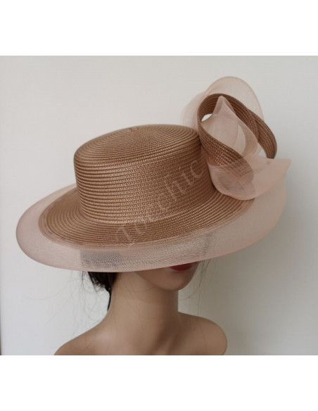 Wide brim canotier hat beige with veil - Wedding hats for women - 3 Wide brim canotier hat beige with veil - Wedding hats for women - 3