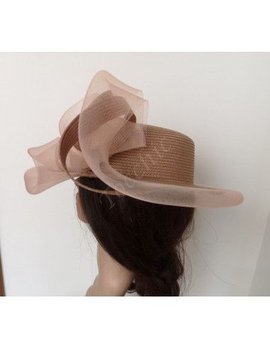 Wide brim canotier hat beige with veil - Wedding hats for women - 4