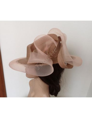 Wide brim canotier hat beige with veil - Wedding hats for women - 5