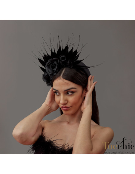 Black Flower wedding headband with feathers women - Cocktail hats for women - 4 Black Flower wedding headband with feathers women - Cocktail hats for women - 4