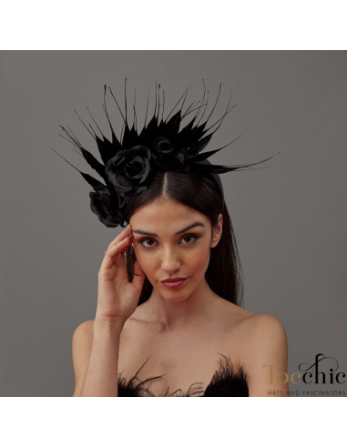 Black Flower wedding headband with feathers women - Cocktail hats for women - 1