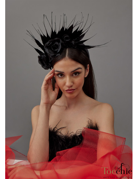 Black Flower wedding headband with feathers women - Cocktail hats for women - 6 Black Flower wedding headband with feathers women - Cocktail hats for women - 6