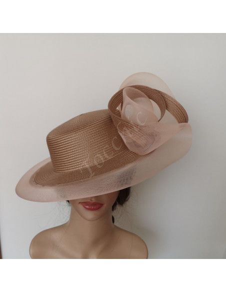 Wide brim canotier hat beige with veil - Wedding hats for women - 7 Wide brim canotier hat beige with veil - Wedding hats for women - 7