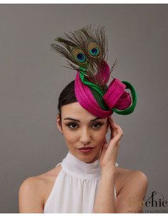 Woman wedding percher hat fuchsia pink and green with feathers - Wedding hats for women - 1