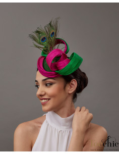 Woman wedding percher hat fuchsia pink and green with feathers - Wedding hats for women - 1 2