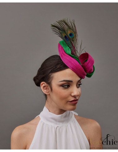 Pequeño tocado rosa y verde para madrina en bodas de tarde - Pamelas y Tocados para madrinas - 4