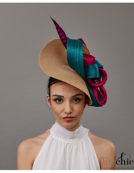 Tocado de boda turquesa y buganvilla con plumas - Pamelas y Tocados para madrinas - 3