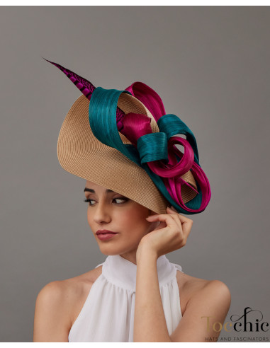 Woman wedding fascinator hat pink and turquoise - Wedding hats for women - 1