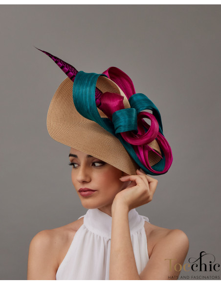 Tocado de boda turquesa y buganvilla con plumas - Pamelas y Tocados para madrinas - 1