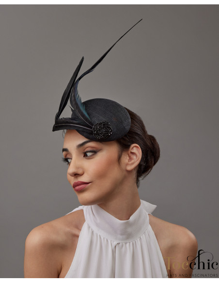 Woman pillbox hat black with feather - Wedding hats for women - 2