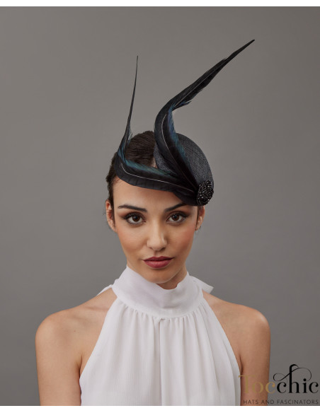 Woman pillbox hat black with feather - Wedding hats for women - 3