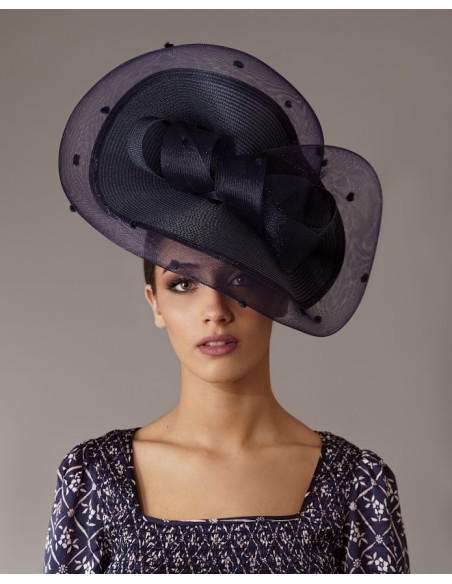 Sombrero invitada de boda azul oscuro con velo - Pamelas y Tocados para madrinas - 6 Sombrero invitada de boda azul oscuro con velo - Pamelas y Tocados para madrinas - 6