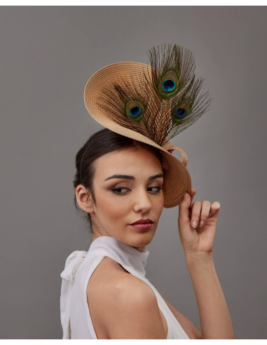 Elegant Beige fascinator hat for woman with Peacock feathers - Woman hats for the Horse races - 3