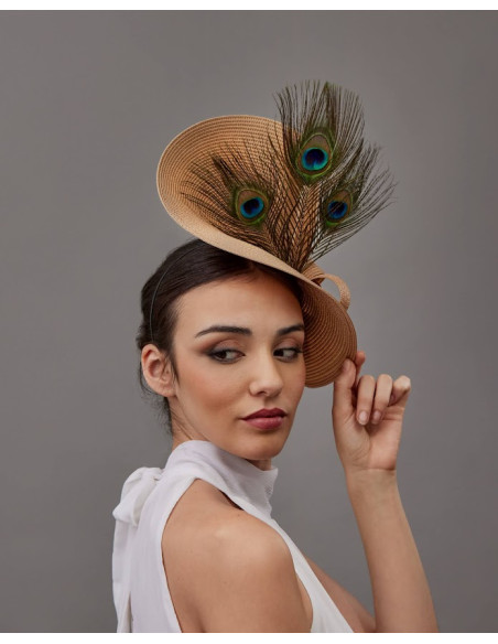 Elegant Beige fascinator hat for woman with Peacock feathers - Woman hats for the Horse races - 3 Elegant Beige fascinator hat for woman with Peacock feathers - Woman hats for the Horse races - 3