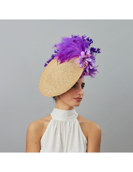 Espectacular tocado madrina de boda beige y morado con plumas - Pamelas y Tocados para madrinas - 3 Espectacular tocado madrina de boda beige y morado con plumas - Pamelas y Tocados para madrinas - 3