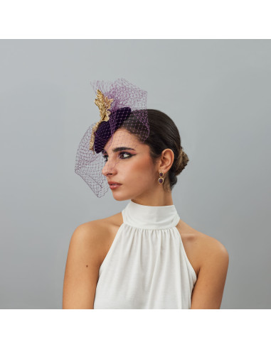 Dark purple and gold wedding guest small fascinator hat - Wedding hats for women - 1