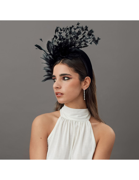 Tocado con plumas diadema de boda negra invitada boda de noche - Pamelas y Tocados para madrinas - 4