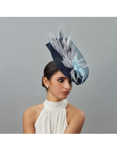Navy blue Royal Ascot fascinator with grey feathers - Wedding hats for women - 1