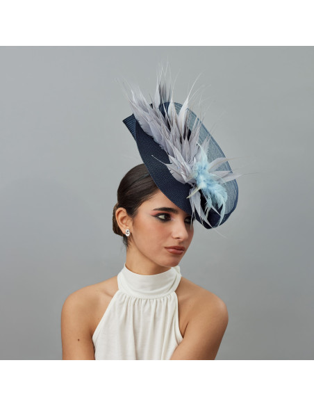 Navy blue Royal Ascot fascinator with grey feathers - Wedding hats for women - 1