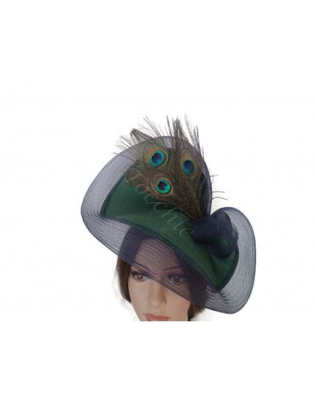 Tocado azul marino y verde con plumas de pavo real - Pamelas y Tocados para madrinas - 7