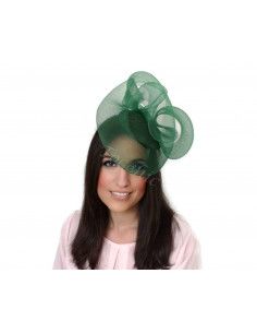 Pequeño Tocado verde con velo para invitada de boda - Pamelas y Tocados para madrinas - 1