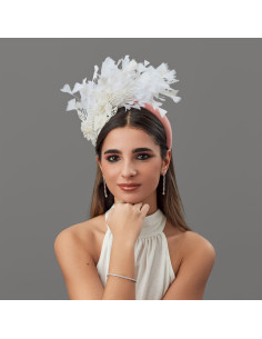 Feathers wedding headband with flower for women pink and white - Wedding hats for women - 1