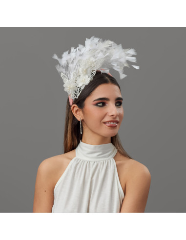 Tocado diadema rosa para invitada original en boda de noche - Pamelas y Tocados para madrinas - 3