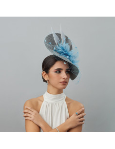 Tocado madrina de boda azul claro y gris con velo - Pamelas y Tocados para madrinas - 3 2