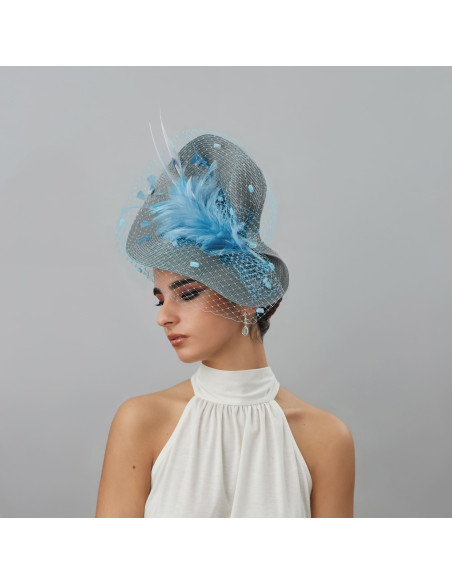 Light blue and grey veil derby fascinator - Wedding hats for women - 2 Light blue and grey veil derby fascinator - Wedding hats for women - 2