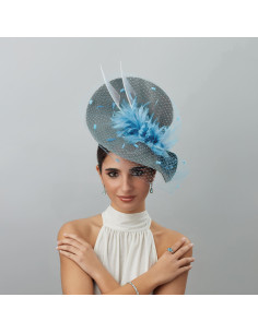 Tocado madrina de boda azul claro y gris con velo - Pamelas y Tocados para madrinas - 3