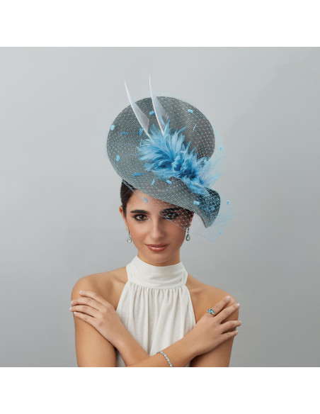 Tocado madrina de boda azul claro y gris con velo - Pamelas y Tocados para madrinas - 3