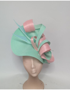Tocado verde agua con lazada rosa y bolso rosa con lazada verde agua - Pamelas y Tocados para madrinas - 1